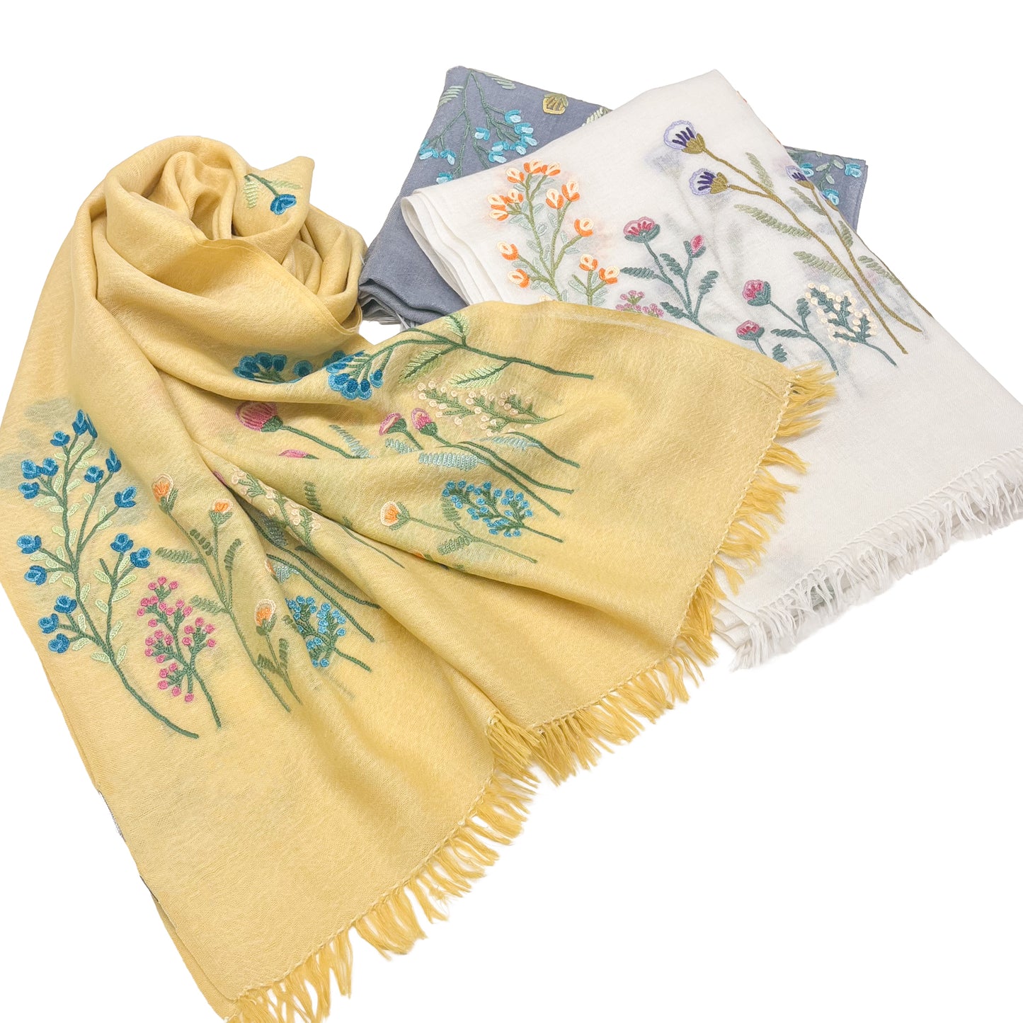 Wool &amp; Silk Ali Hand Embroidered Stole (Yellow)