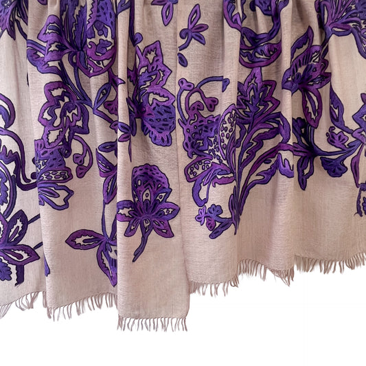 Lightweight Wool & silk Ari Hand Embroidered stole (light brown/purple) S-WTA9038_0901