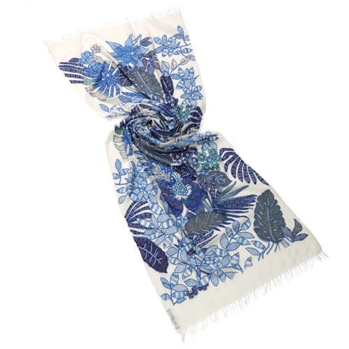 NEW VIVID FLOWERS薄手ウール&シルク アリー手刺繍ストール (ホワイト/ブルー)