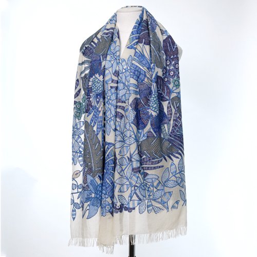 NEW VIVID FLOWERS薄手ウール&シルク アリー手刺繍ストール (ホワイト/ブルー)