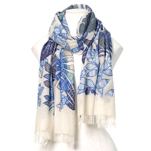 NEW VIVID FLOWERS薄手ウール&シルク アリー手刺繍ストール (ホワイト/ブルー)