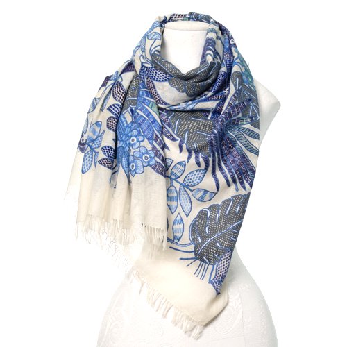 NEW VIVID FLOWERS薄手ウール&シルク アリー手刺繍ストール (ホワイト/ブルー)