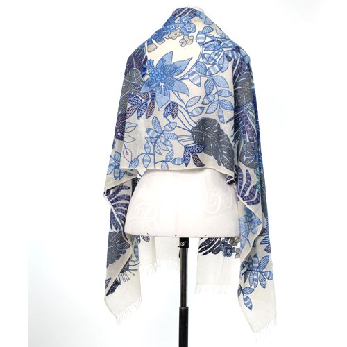 NEW VIVID FLOWERS薄手ウール&シルク アリー手刺繍ストール (ホワイト/ブルー)