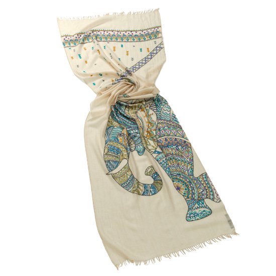 エレファント ウール&シルク アリー手刺繍ストール (ライトベージュ)