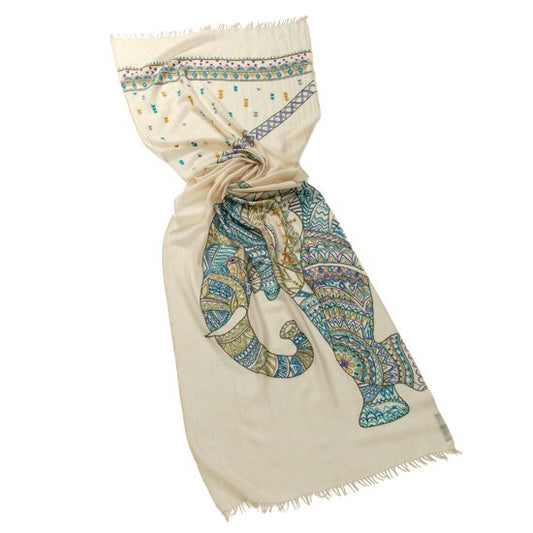 エレファント ウール&シルク アリー手刺繍ストール (ライトベージュ)