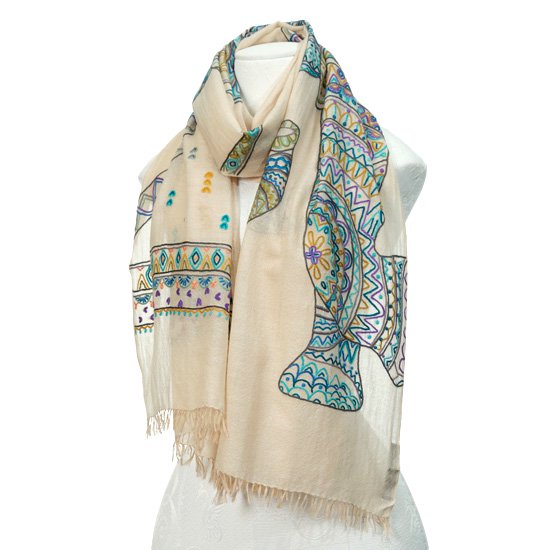 エレファント ウール&シルク アリー手刺繍ストール (ライトベージュ)