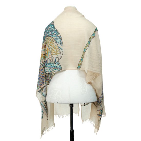 エレファント ウール&シルク アリー手刺繍ストール (ライトベージュ)