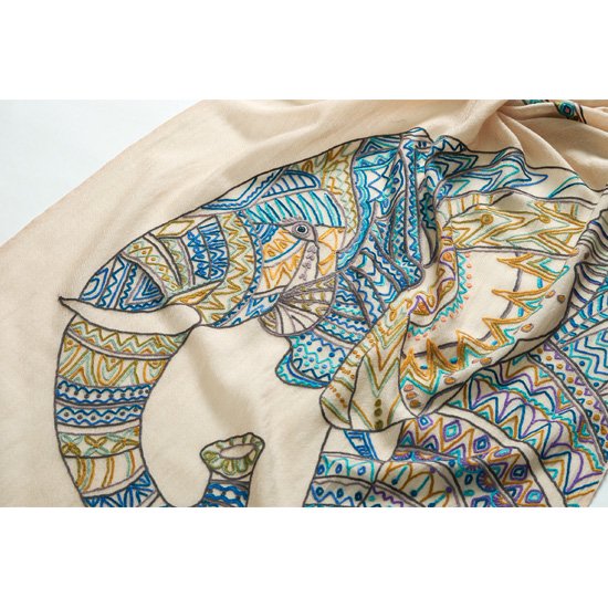 エレファント ウール&シルク アリー手刺繍ストール (ライトベージュ)