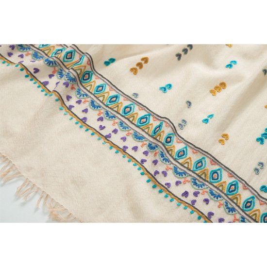 エレファント ウール&シルク アリー手刺繍ストール (ライトベージュ)