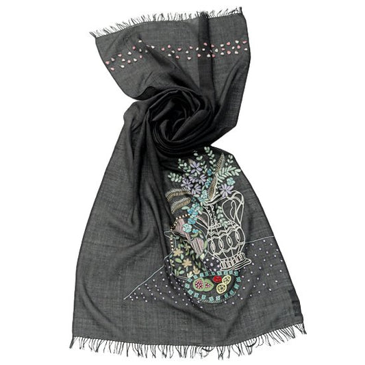 My Room Lightweight Wool &amp; Silk Ally Hand Embroidered Stole (Off Black)