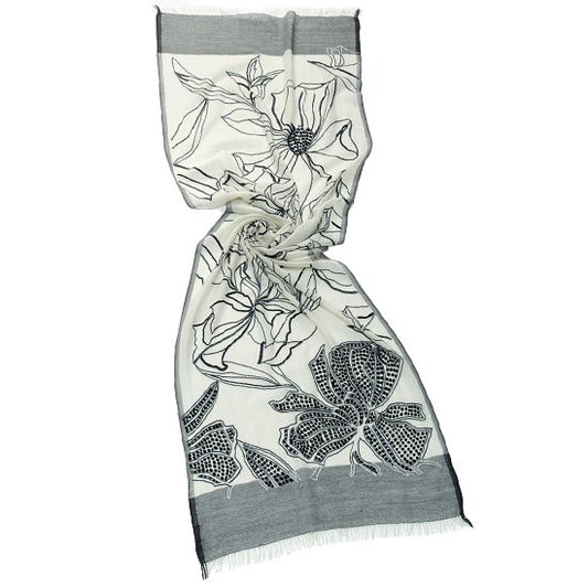 Line & Dot Flower 薄手ウール&シルク アリー手刺繍ストール (ホワイト/ブラック)
