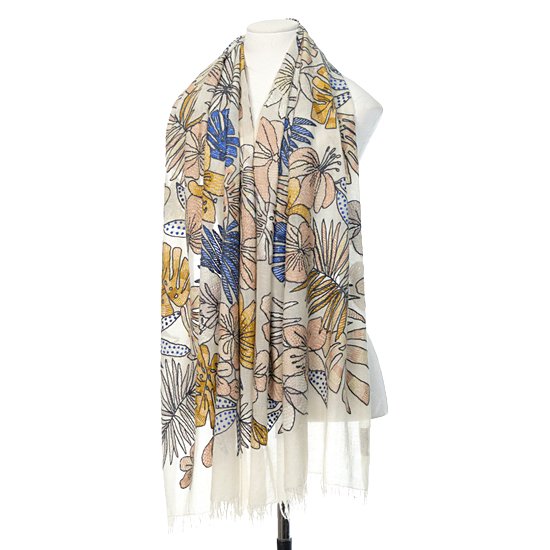 ホワイトジャングル 薄手ウール&シルク アリー手刺繍ストール (ホワイト)S-WTA9016_0271