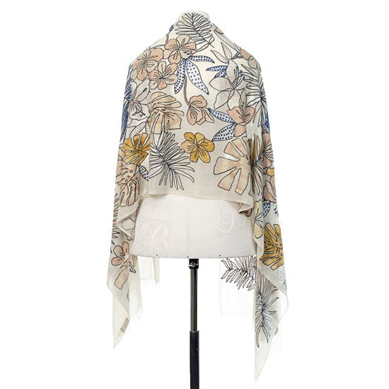 ホワイトジャングル 薄手ウール&シルク アリー手刺繍ストール (ホワイト)S-WTA9016_0271