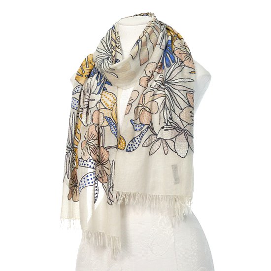 ホワイトジャングル 薄手ウール&シルク アリー手刺繍ストール (ホワイト)S-WTA9016_0271