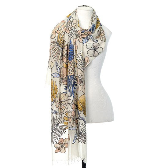 ホワイトジャングル 薄手ウール&シルク アリー手刺繍ストール (ホワイト)S-WTA9016_0271