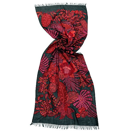 Red Dream 薄手ウール&シルク アリー手刺繍ストール (オフブラック/レッド)