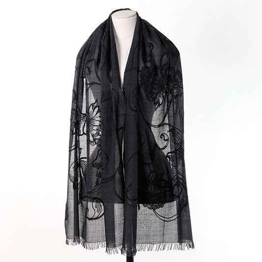 Exotic Flower Lightweight Wool &amp; Silk Ally Hand Embroidered Stole 180cm x 60cm (Off Black/Black) S-WTA3021_1524