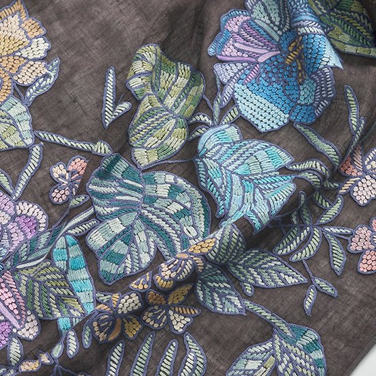 FLOWER BOUQUET 麻素材 アリー手刺繍ストール (オフブラック)