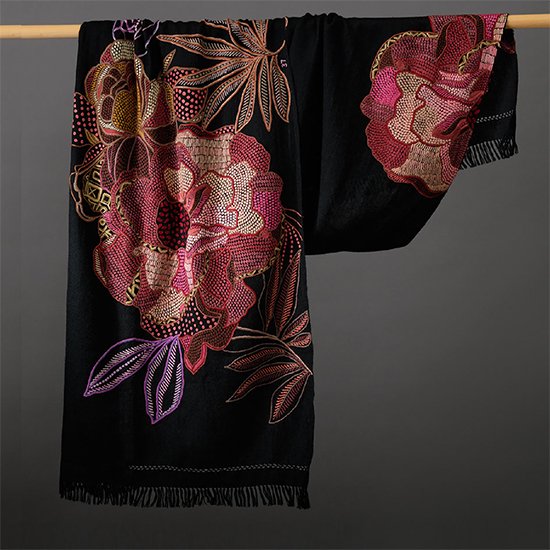FLOWER OF HOPE ウール アリー手刺繍ストール (ブラック/ピンク)
