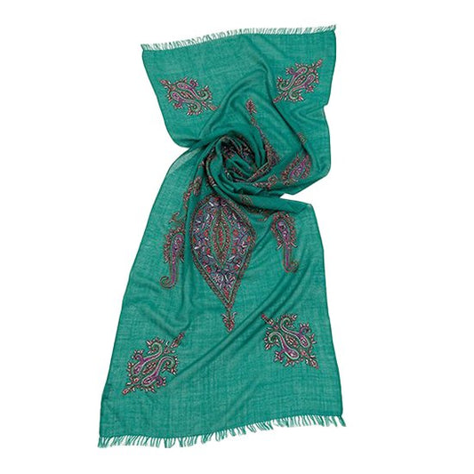 Lightweight wool and silk hand-embroidered stole (green)