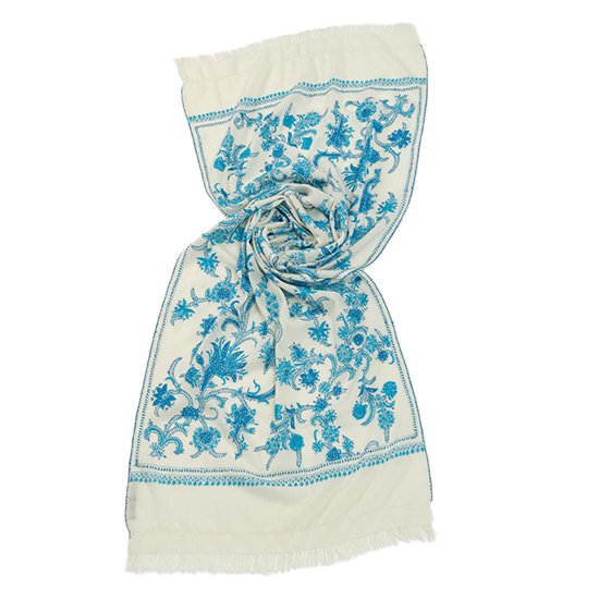 Wool Needle-Embroidered Stole (White/Turquoise)