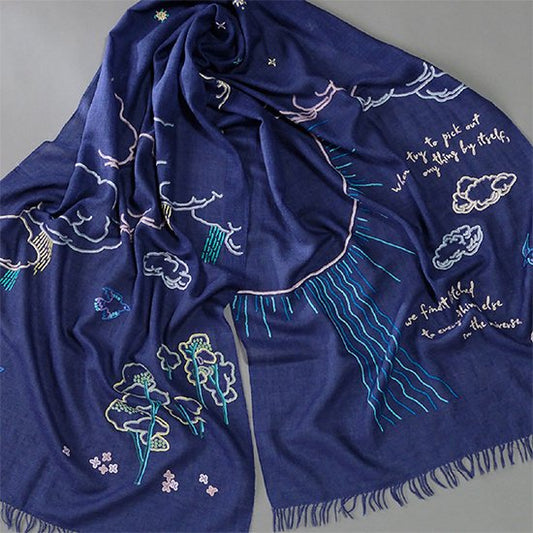 ウール&シルク 手刺繍ストール (ネイビー)