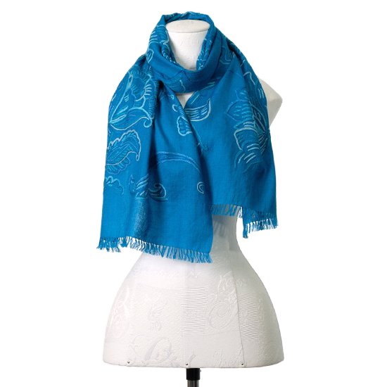 SMALL WILD FLOWER 細幅 ウール アリー手刺繍ストール (ターコイズ)