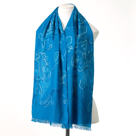 SMALL WILD FLOWER 細幅 ウール アリー手刺繍ストール (ターコイズ)