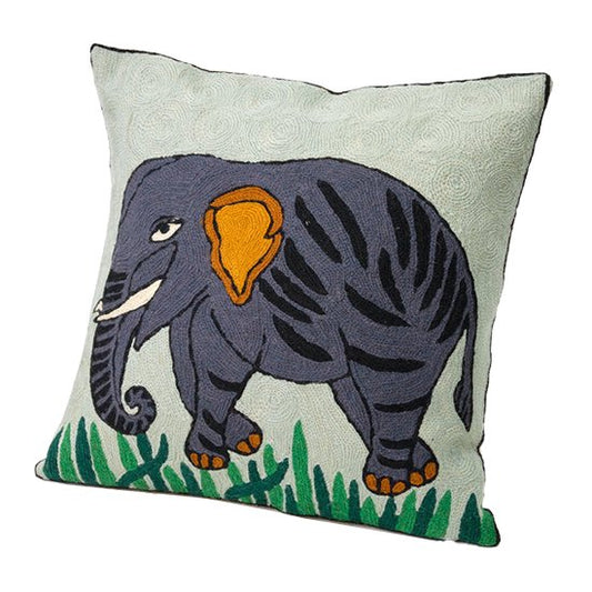 Elephant hand-embroidered cushion cover with elephant motif, 40cm x 40cm (light green) 