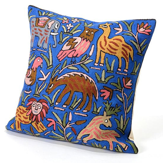 Animal hand-embroidered cushion cover 45cm x 45cm (blue) 