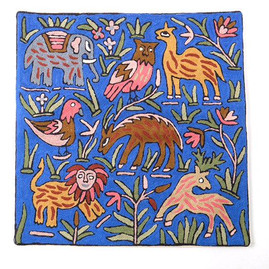 Animal hand-embroidered cushion cover 45cm x 45cm (blue) 