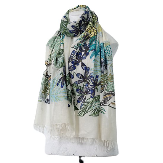 Wool &amp; Silk Ally Hand Embroidered Stole (White)
