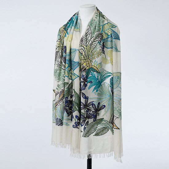 Wool &amp; Silk Ally Hand Embroidered Stole (White)