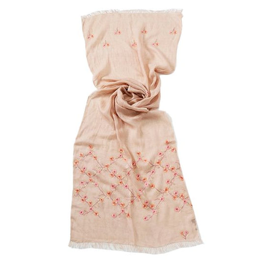 Colorful Flower Linen Hand-Embroidered Stole (Beige)