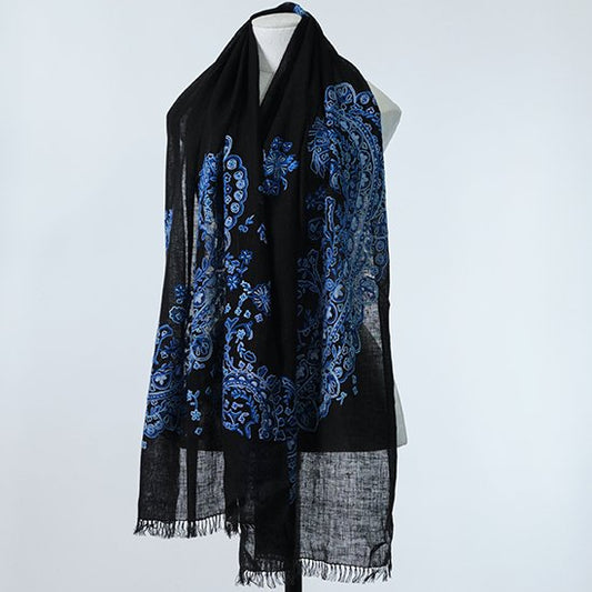 Ally hand-embroidered linen stole (black)