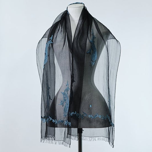 Silk Ali hand embroidered stole 50cm x 180cm (black)