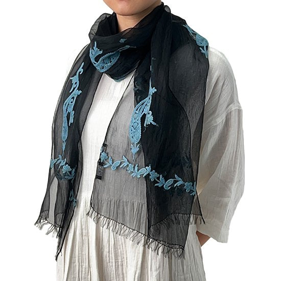 Silk Ali hand embroidered stole 50cm x 180cm (black)