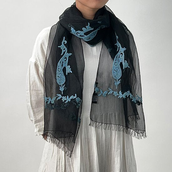 Silk Ali hand embroidered stole 50cm x 180cm (black)