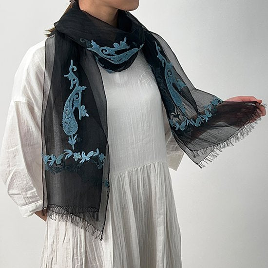 Silk Ali hand embroidered stole 50cm x 180cm (black)