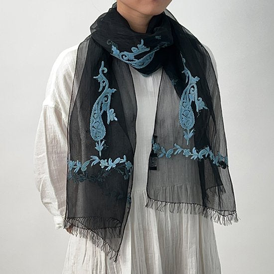 Silk Ali hand embroidered stole 50cm x 180cm (black)