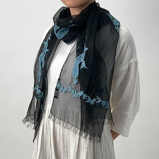 Silk Ali hand embroidered stole 50cm x 180cm (black)