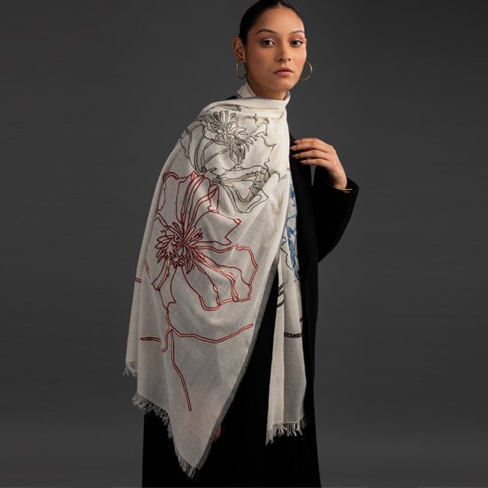 Abstract Lightweight Wool & Silk Ari Hand Embroidered Stole 60cm x 190cm (White) S-WTA4025_0271