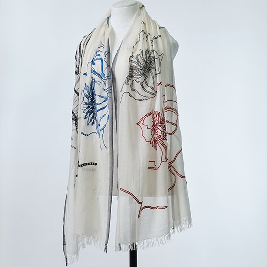 Abstract Lightweight Wool & Silk Ari Hand Embroidered Stole 60cm x 190cm (White) S-WTA4025_0271