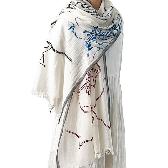 Abstract Lightweight Wool & Silk Ari Hand Embroidered Stole 60cm x 190cm (White) S-WTA4025_0271