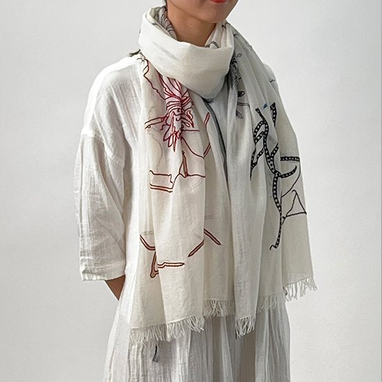 Abstract Lightweight Wool & Silk Ari Hand Embroidered Stole 60cm x 190cm (White) S-WTA4025_0271