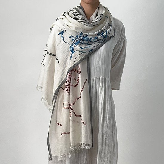 Abstract Lightweight Wool & Silk Ari Hand Embroidered Stole 60cm x 190cm (White) S-WTA4025_0271
