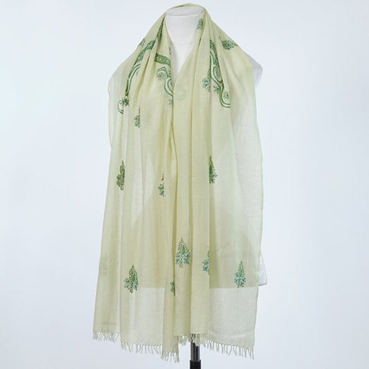 ウール&シルク ニードル手刺繍ストール (アップルグリーン)