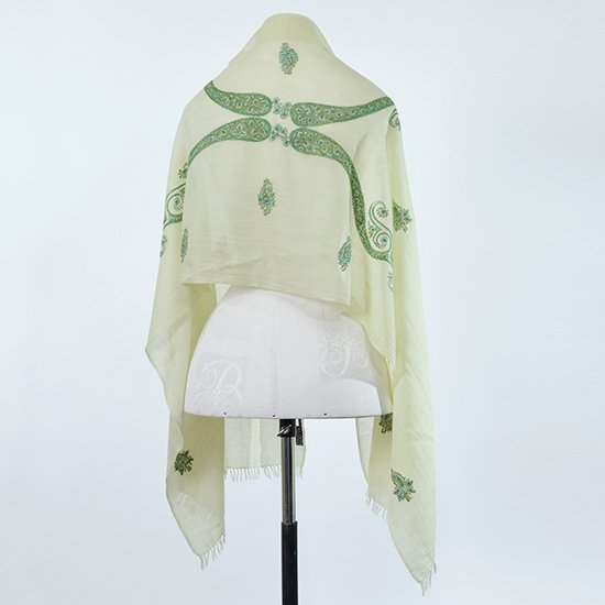 ウール&シルク ニードル手刺繍ストール (アップルグリーン)