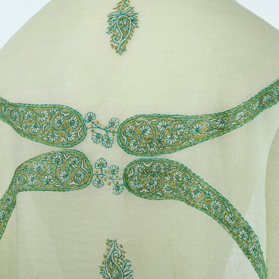 ウール&シルク ニードル手刺繍ストール (アップルグリーン)