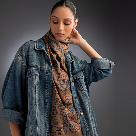 Animal Party ウール アリー手刺繍ストール(ダークベージュ) SM-WA5000_0153